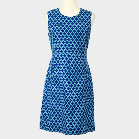 LAND'S END Royal Teal Blue Quatrefoil Ponte Stretch Sheath Dress  Size 10P - Picture 1 of 9